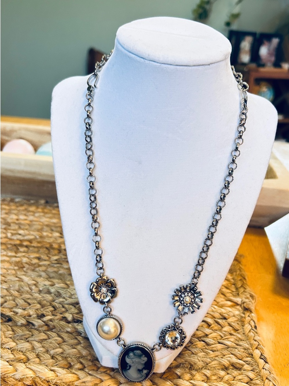 Vintage Style Inspired Silver Cameo & Pearl Pendant Necklace by Longevity